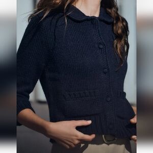 Zara Navy Knit Peter Pan Collar Cardigan